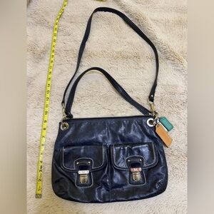 Coach Black Leather Shoulder Bag with Front Buckle Pockets